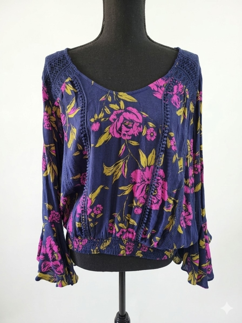 Express Navy Scoop-Neck Blouse with Pink & Yellow Floral Print